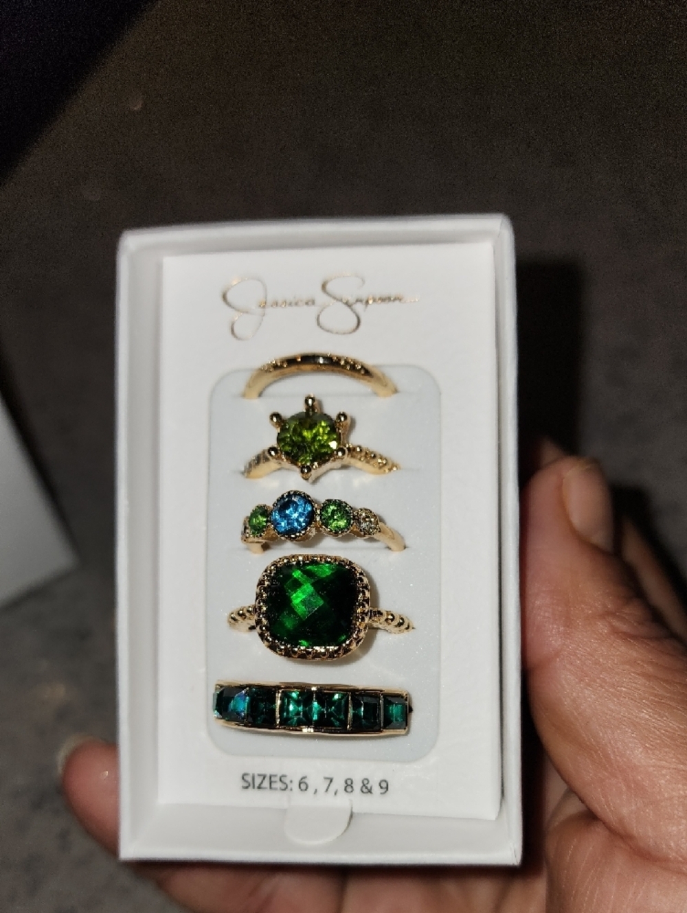 Jessica Simpson Emerald and Teal Crystal Stackable Ring Set - Gold Tone - Picture 2 of 2
